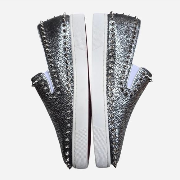 Christian Louboutin Pik Boat Metallic Silver Leather Spiked Slip On Sneakers 40 - Picture 6 of 13